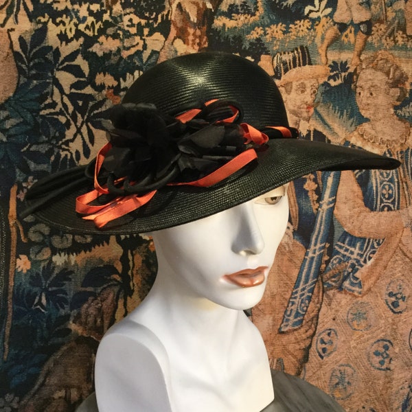 Fashion Hazard - 1960 vintage Connor Glazed Black Sisal Picture Hat with Orange and Black Feature Flower and Piping