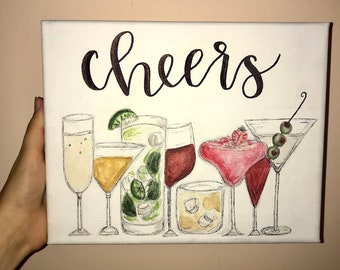 Proost op canvas met alcoholthema | Barbord | Alcoholteken | Bord met 8 x 10 letters | Feestdrankjes | Wijnglas muurkunst | Happy Hour-keukendecoratie