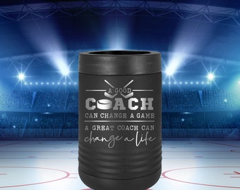 Personalized Hockey Coach Gift, Laser Engraved Stainless Steel Can Cooler