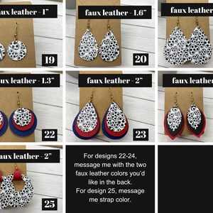 faux leather soccer earrings, variety of soccer earrings shown, in shapes like heart earrings, teardrop earrings, and circle soccer ball earrings.