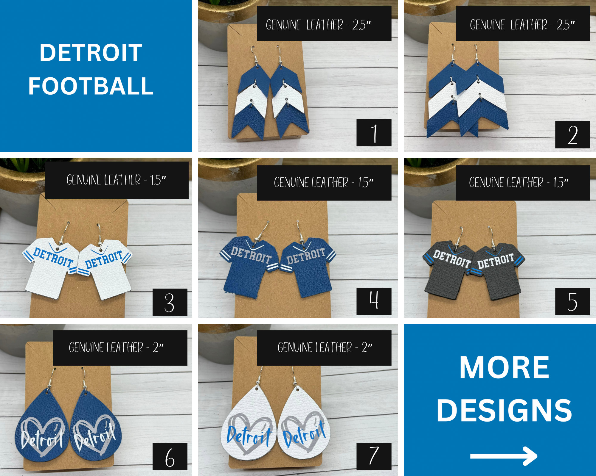 Detroit Football Earrings | Blue and Gray and White Football Earrings | Game Day Earrings | Leather Team Colors Football Earrings