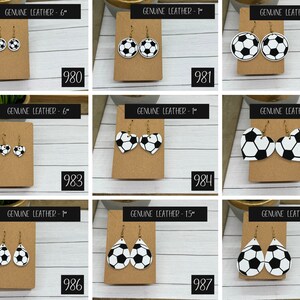 soccer earrings, made with genuine leather, shown in many shapes such as soccer heart earrings, soccer teardrop earrings, soccer ball earrings.