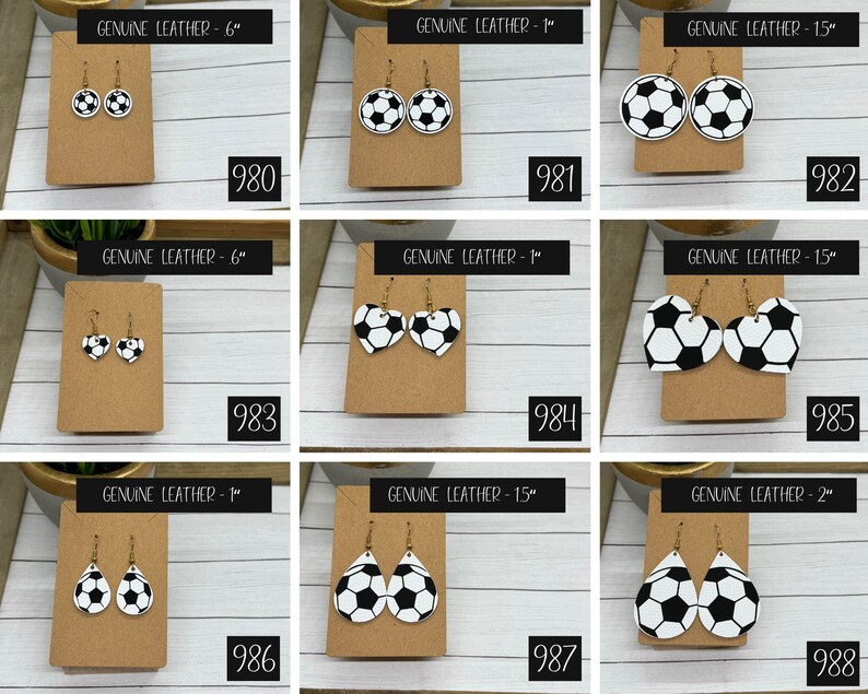 soccer earrings, made with genuine leather, shown in many shapes such as soccer heart earrings, soccer teardrop earrings, soccer ball earrings.