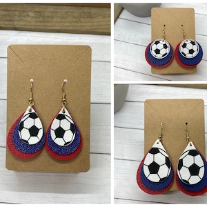faux leather soccer earrings, variety of soccer earrings shown, in shapes like heart earrings, teardrop earrings, and circle soccer ball earrings.