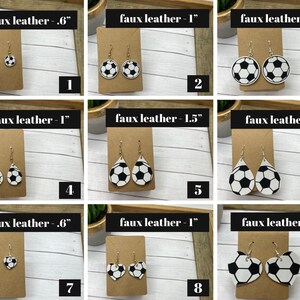 faux leather soccer earrings, variety of soccer earrings shown, in shapes like heart earrings, teardrop earrings, and circle soccer ball earrings.