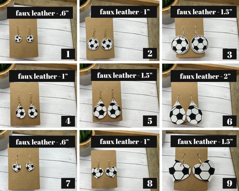 faux leather soccer earrings, variety of soccer earrings shown, in shapes like heart earrings, teardrop earrings, and circle soccer ball earrings.