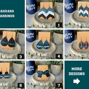 May include: A collection of seven pairs of faux leather earrings featuring sports-themed designs. Styles include chevron patterns, glittery teardrops with the text Jaguars, heart motifs, football shapes, and jersey silhouettes on display cards.
