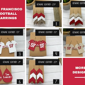 May include: A set of 7 different styles of San Francisco football earrings made of genuine leather. The earrings are available in 2 inch, 2.5 inch and 1.5 inch sizes. The earrings feature a variety of designs, including a football jersey, a chevron, and a teardrop shape. The earrings are all red, white, and gold.
