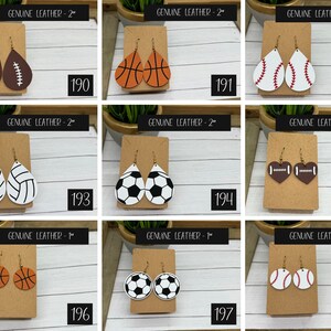Sports leather earrings, including football earrings, tennis earrings, soccer earrings, volleyball earrings, basketball earrings, baseball earrings, softball earrings, and gold earrings.