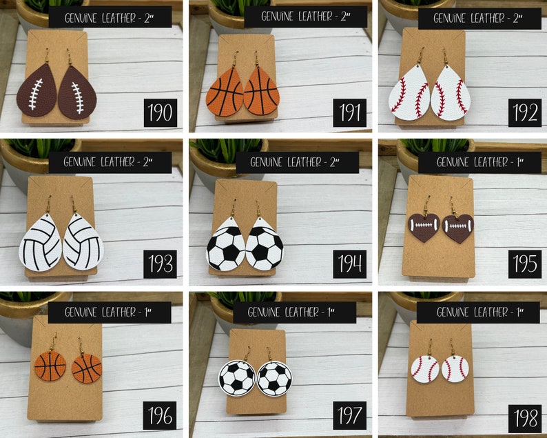 Sports leather earrings, including football earrings, tennis earrings, soccer earrings, volleyball earrings, basketball earrings, baseball earrings, softball earrings, and gold earrings.