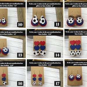 genuine leather soccer earrings, variety of soccer earrings shown, in shapes like heart earrings, teardrop earrings, and circle soccer ball earrings.