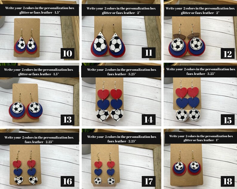 genuine leather soccer earrings, variety of soccer earrings shown, in shapes like heart earrings, teardrop earrings, and circle soccer ball earrings.