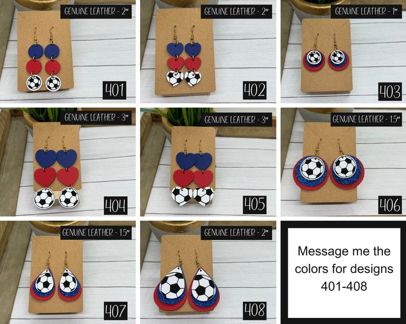 soccer earrings, made with genuine leather, shown in many shapes such as soccer heart earrings, soccer teardrop earrings, soccer ball earrings.