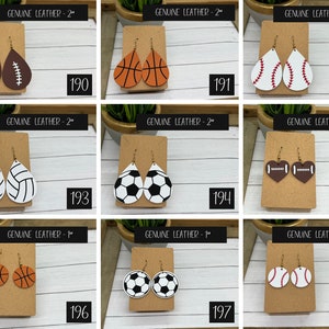Sports leather earrings, including football earrings, tennis earrings, soccer earrings, volleyball earrings, basketball earrings, baseball earrings, softball earrings, and gold earrings.
