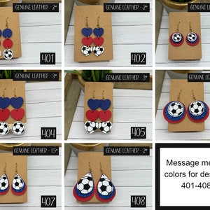 genuine leather soccer earrings, variety of soccer earrings shown, in shapes like heart earrings, teardrop earrings, and circle soccer ball earrings.