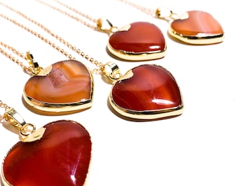 Carnelian Heart Necklace - 18K Gold Plated Chain Crystal Pendant