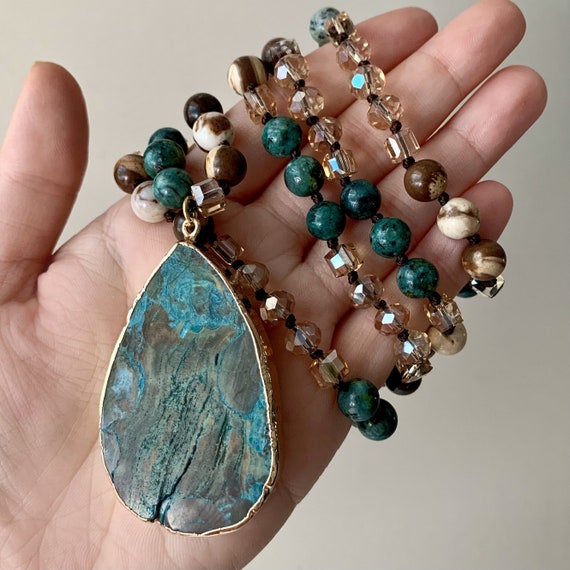 Collier Chrysocolle Turquoise A - Pendentif Pierre Naturelle, Marque Coco Papaya, Neuf Avec étiquettes