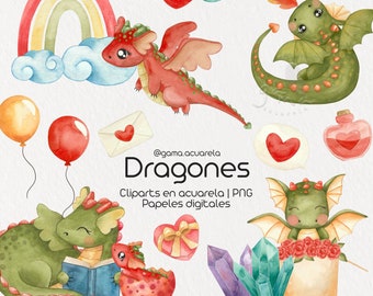 Saint Jordi, Watercolor Dragons, clipart, dragon PNG, Valentine's Day, art, graphics, kids party, digital papers
