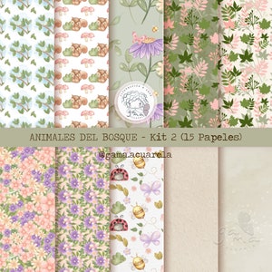 Papel digital, bosque, animales, scrap, flores, hojas, patrones, estampado, papeles, hecho a mano, acuarela, descarga inmediata