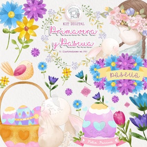 Easter, spring, flowers, easter bunny, handmade, watercolor, auto download, clipart, PNG, clip art illustration, scrap