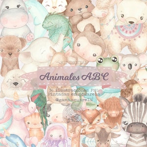 Animais ABC, PNG, alfabeto, filhotes de animais, aquarela, decoração, kit digital, imagem png, clipart, feito à mão, download automático