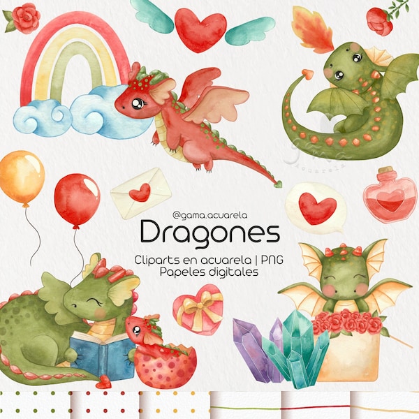 Saint Jordi, Watercolor Dragons, clipart, dragon PNG, Valentine's Day, art, graphics, kids party, digital papers