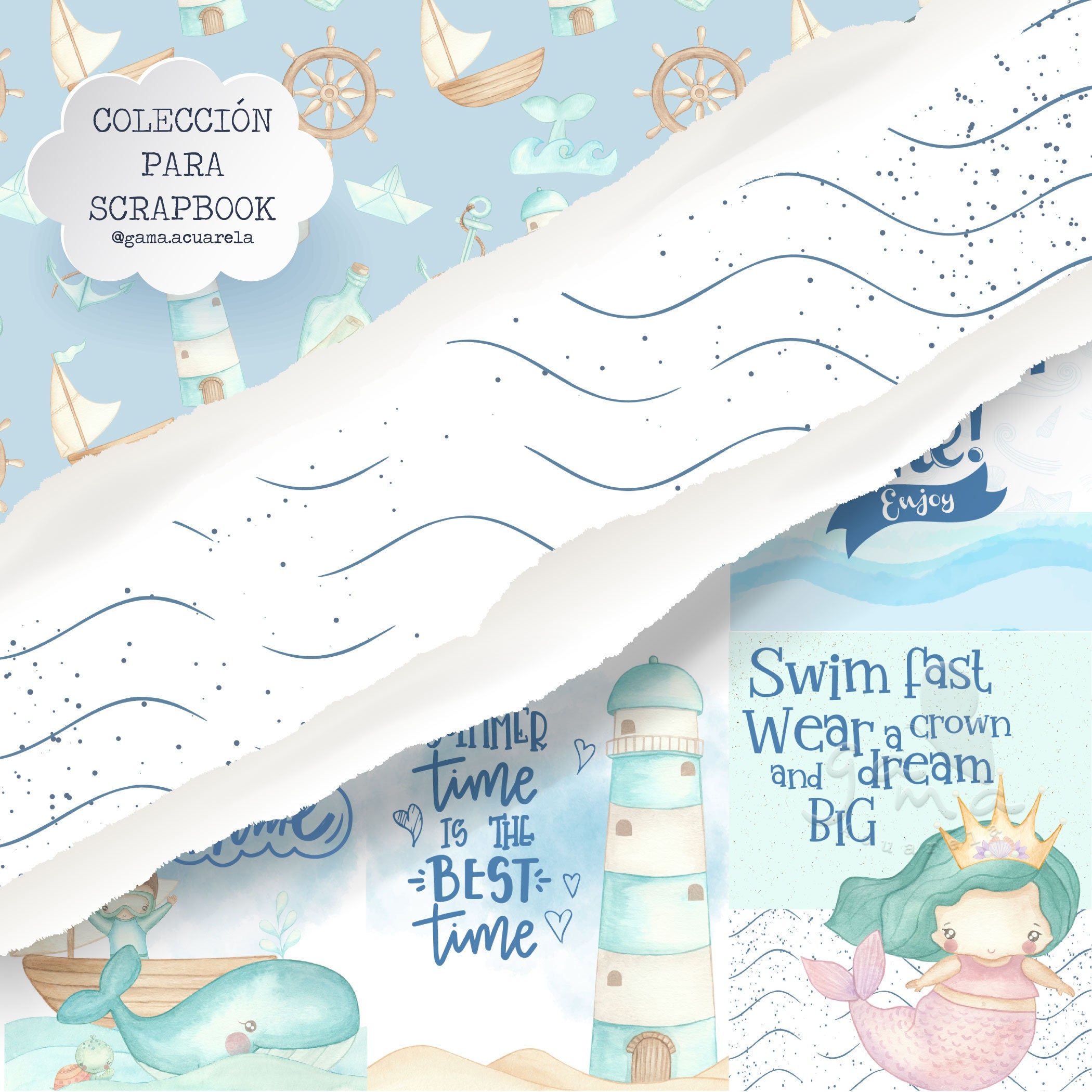 Summer, scrapbooking papers, sea, mermaids, nautical, boat, digital papers, watercolor, handmade, download