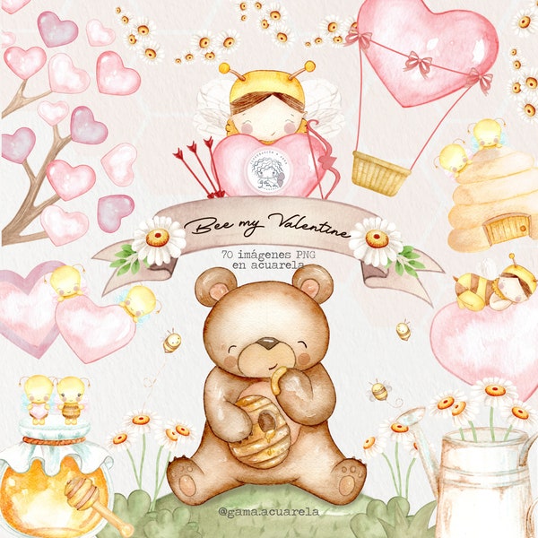 Valentine's Day, Little Bear, Love, bee, honey, lovers, heart, tender bee, handmade, automatic discharge. watercolor, couple, proposal