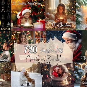 May include: A collage of Christmas-themed digital art elements. Includes images of children, Santa Claus, Christmas trees, and bokeh effects. Text includes "100 Christmas Tree Lights", "720 PNG + JPG Christmas Bundel", and "Gold Christmas Bokeh".