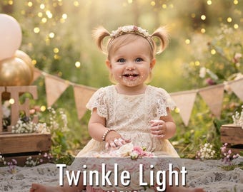 40 Twinkle Light Photo Overlays: Gold Bokeh, Cake Smash Photography (PNG+JPG Digital Download)