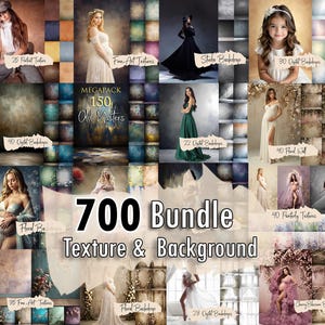 May include: A digital collection of 700 textures and backgrounds featuring various artistic styles, including floral, painterly, and studio themes. The image displays multiple sample photographs of people in diverse settings, with text labels identifying the specific packs.
