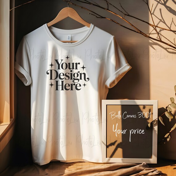 3001 WHITE Mockup | Bella Canvas 3001 Mockup, White T-shirt Photo, Boho Hanging Tshirt Mock-up, White Bella and Canvas
