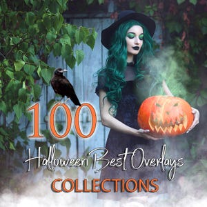 Puede incluir: Un gráfico digital que muestra a una persona con cabello largo verde, sombrero y vestido negro, sosteniendo una calabaza naranja brillante. Un cuervo negro está presente. El texto dice 100 Halloween Best Overlays COLLECTIONS.