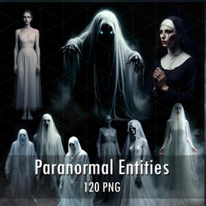 Puede incluir: Una colección digital de entidades paranormales que presenta varias figuras, incluyendo una mujer con vestido blanco, un espectro brillante, una monja y múltiples fantasmas esqueléticos cubiertos con velos blancos. El texto Paranormal Entities 120 PNG es visible.