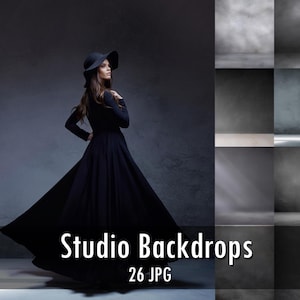 May include: A collection of 26 digital studio backdrops featuring various gray and dark textured surfaces. The image displays the text Studio Backdrops 26 JPG over a dark scene with a long black dress and a wide-brimmed hat, alongside a grid of gray backgrounds.