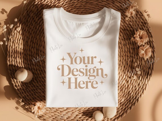 WHITE Bella Canvas 3001 Folded Mockup, Boho Flat Lay Tshirt Mock-up, Bella and Canvas Folded T-shirt Flatlay Mockup