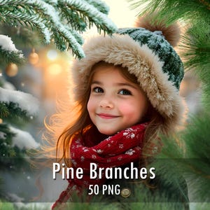 Op de afbeelding: Een donkergroene gebreide muts met een beige imitatiebontrand en een bijpassende pompon, gecombineerd met een rode sjaal met een wit sneeuwvlokpatroon. De tekst Pine Branches 50 PNG staat over de afbeelding, die wordt omlijst door dennentakken.