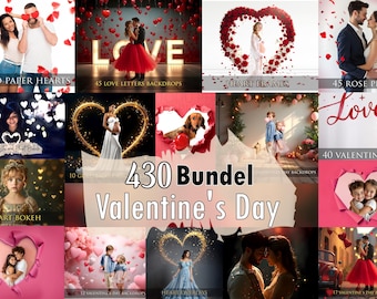 May include: A digital collection of 430 Valentine's Day photography backdrops and overlays. The collage features various scenes including couples, children, heart-shaped bokeh, rose petals, paper hearts, and heart frames with the text 430 Bundel Valentine's Day.