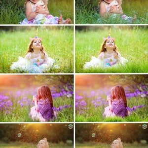 May include: A collage of photos featuring a young girl in different settings. The first photo shows the girl holding a white rabbit. The second photo shows the girl wearing a unicorn headband and a white dress. The third photo shows the girl sitting in a field of purple flowers. The fourth photo shows the girl sitting in a field of green grass. The fifth photo shows a baby sitting in a tub of water with bubbles. The sixth photo shows a baby sitting in a tub of water with bubbles.