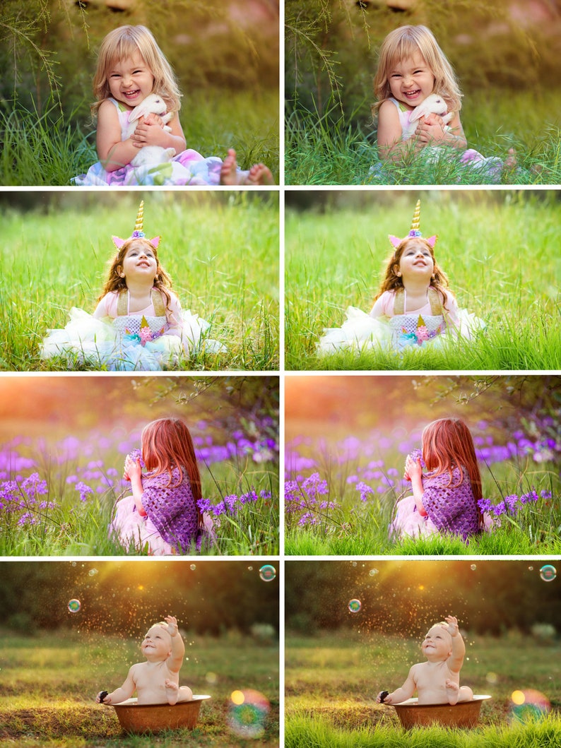 May include: A collage of photos featuring a young girl in different settings. The first photo shows the girl holding a white rabbit. The second photo shows the girl wearing a unicorn headband and a white dress. The third photo shows the girl sitting in a field of purple flowers. The fourth photo shows the girl sitting in a field of green grass. The fifth photo shows a baby sitting in a tub of water with bubbles. The sixth photo shows a baby sitting in a tub of water with bubbles.