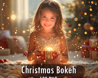 May include: A digital collection titled Christmas Bokeh 100 PNG featuring a young child with long hair holding a glowing red gift box. The scene is illuminated by warm golden bokeh lights and sparkles, creating a festive atmosphere with soft focus.