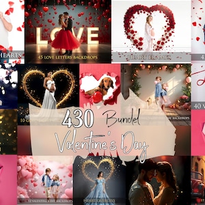 Può includere: Un collage di immagini a tema San Valentino, tra cui coppie, cuori e sfondi. Il testo "430 Bundel Valentine's Day" è ben visibile. Altri testi includono "45 Red Paper Hearts" e "Heart Bokeh."