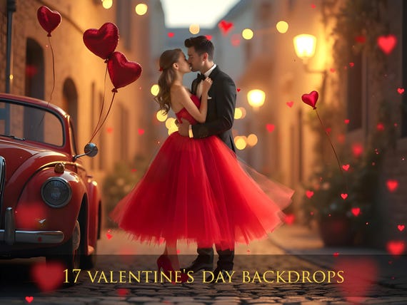 17 Valentines Day Digital Backdrops, Street Digital Background, Romantic Vintage Street, Balloons and Hearts Backdrops