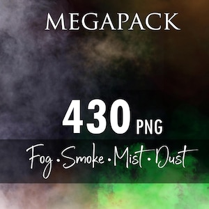 Puede incluir: Una colección digital titulada MEGAPACK 430 PNG Fog Smoke Mist Dust que presenta efectos atmosféricos en capas en tonos blanco, gris, negro y verde vibrante. El texto se muestra en una combinación de fuentes sans-serif y de estilo manuscrito.