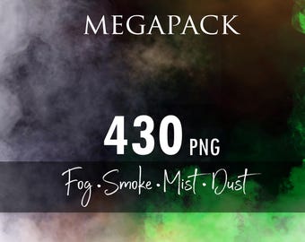 May include: A digital collection titled MEGAPACK 430 PNG Fog Smoke Mist Dust featuring layered atmospheric effects in shades of white, gray, black, and vibrant green. The text is displayed in a combination of bold sans-serif and script fonts.