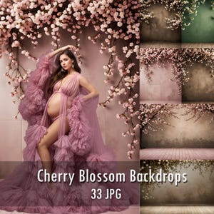 May include: A collection of 33 digital photography backdrops featuring cherry blossom branches with pink flowers. The images display various textured walls and wooden floors in shades of pink, green, and brown, labeled Cherry Blossom Backdrops 33 JPG.