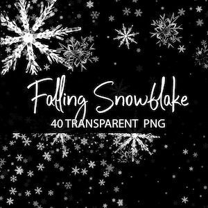 May include: Black background with white snowflakes of varying sizes. The text "Falling Snowflake" is written in a cursive font, with "40 TRANSPARENT PNG" below it. The image is suitable for digital design.