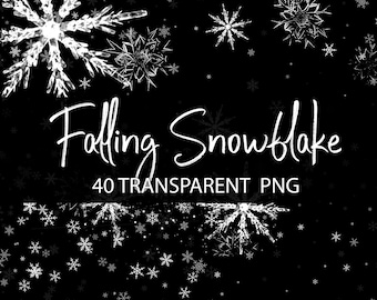 40 Falling Snowflake PNG Overlays -  Transparent Winter Snowflakes - White Christmas Snow Clip Art