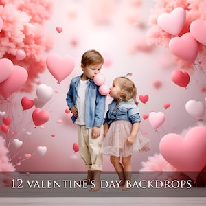 12 Valentines Day Digital Backdrops, Pink hearts background, Romantic love backdrops, Love digital background