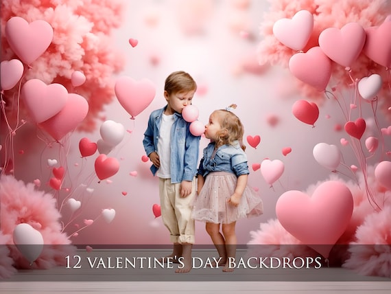 12 Valentines Day Digital Backdrops, Pink hearts background, Romantic love backdrops, Love digital background